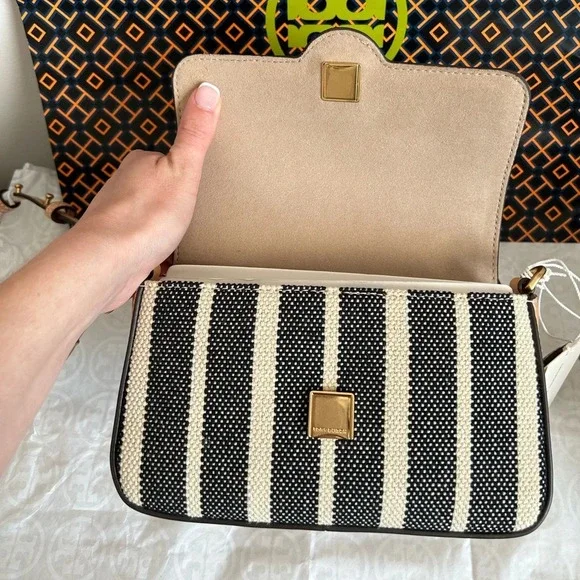 Tory Burch Felix Striped Canvas Mini Flap Shoulder Bag Crossbody Canvas Black - Picture 6 of 11